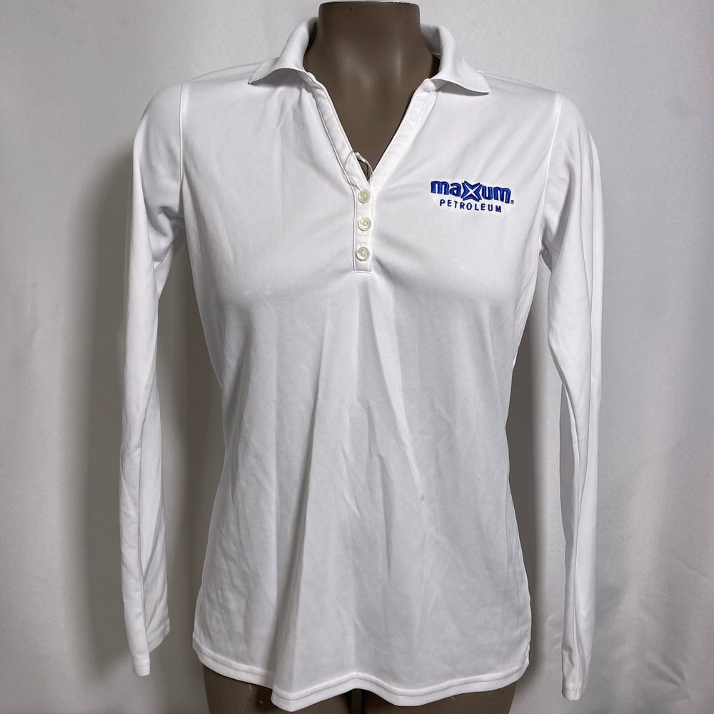 Maxum Petroleum Antigua 4-Button White Long Sleeve Polo Shirt Women's SMALL